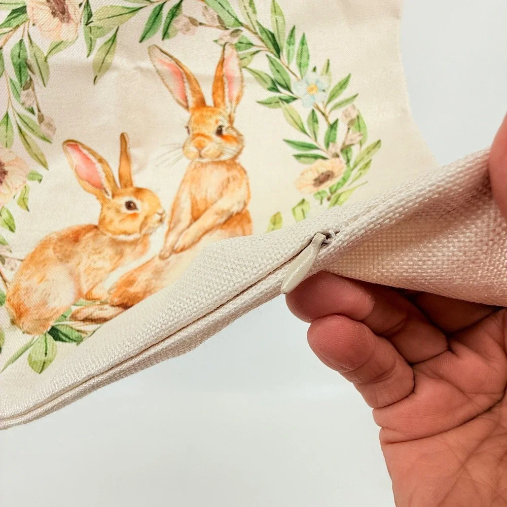 Easter Bunny Pillow‎ Cover Floral Wreath Spring Holiday Home Decor Throw 19X19
